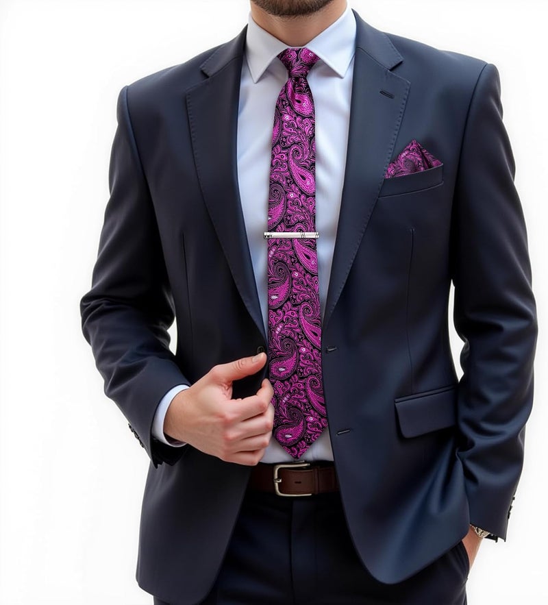 DiBanGu Paisley Ties for Men Silk Necktie and Pocket Square Cufflinks Tie Clip Set Woven Classic Mens Tie for Wedding Party - Image 2